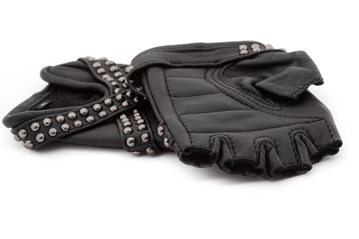 X GLAM Studded Black Leather Fingerless Gloves