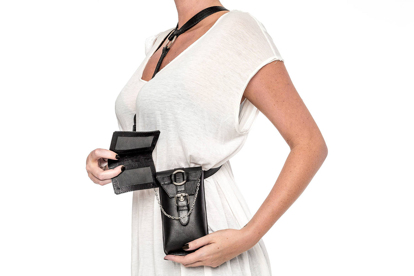 Classic Fetish Black Leather Body Harness and Holster w/ Silver Hardware