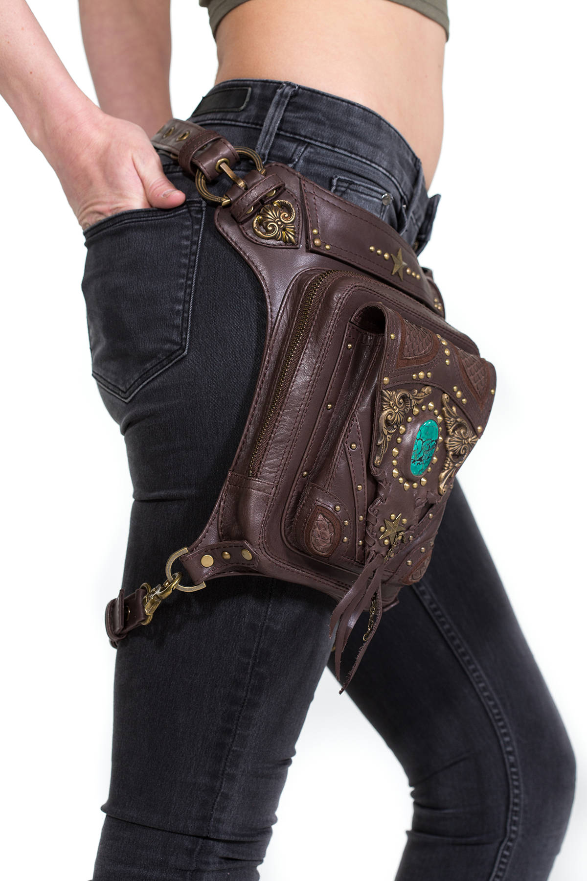 VINTAGE VIBES Brown Leather Holster Bag with Turquoise and Brass Detailing