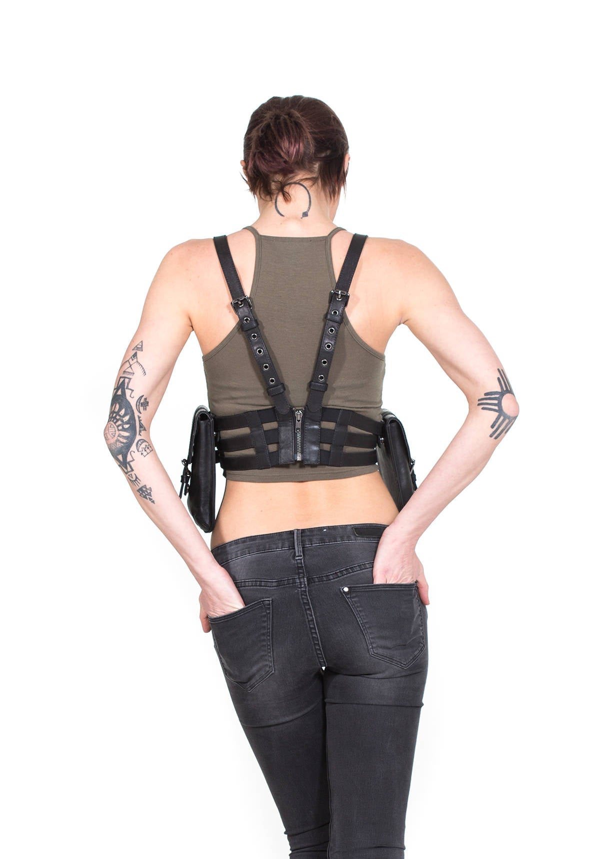 TRIPLE THREAT Black Leather Body Harness w/ Convertible Wallet Pockets