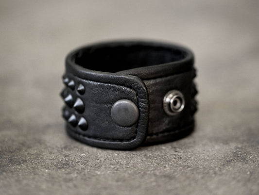 BLACK on BLACK Leather Metal Studded Cuff Punk Bracelet