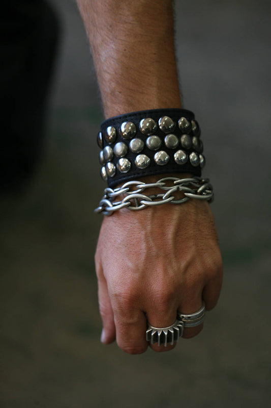 TRIPLE CUFF Black Leather Studded Bracelet Cuff