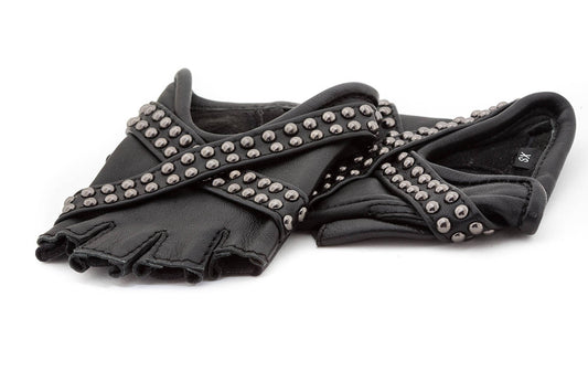 X GLAM Studded Black Leather Fingerless Gloves