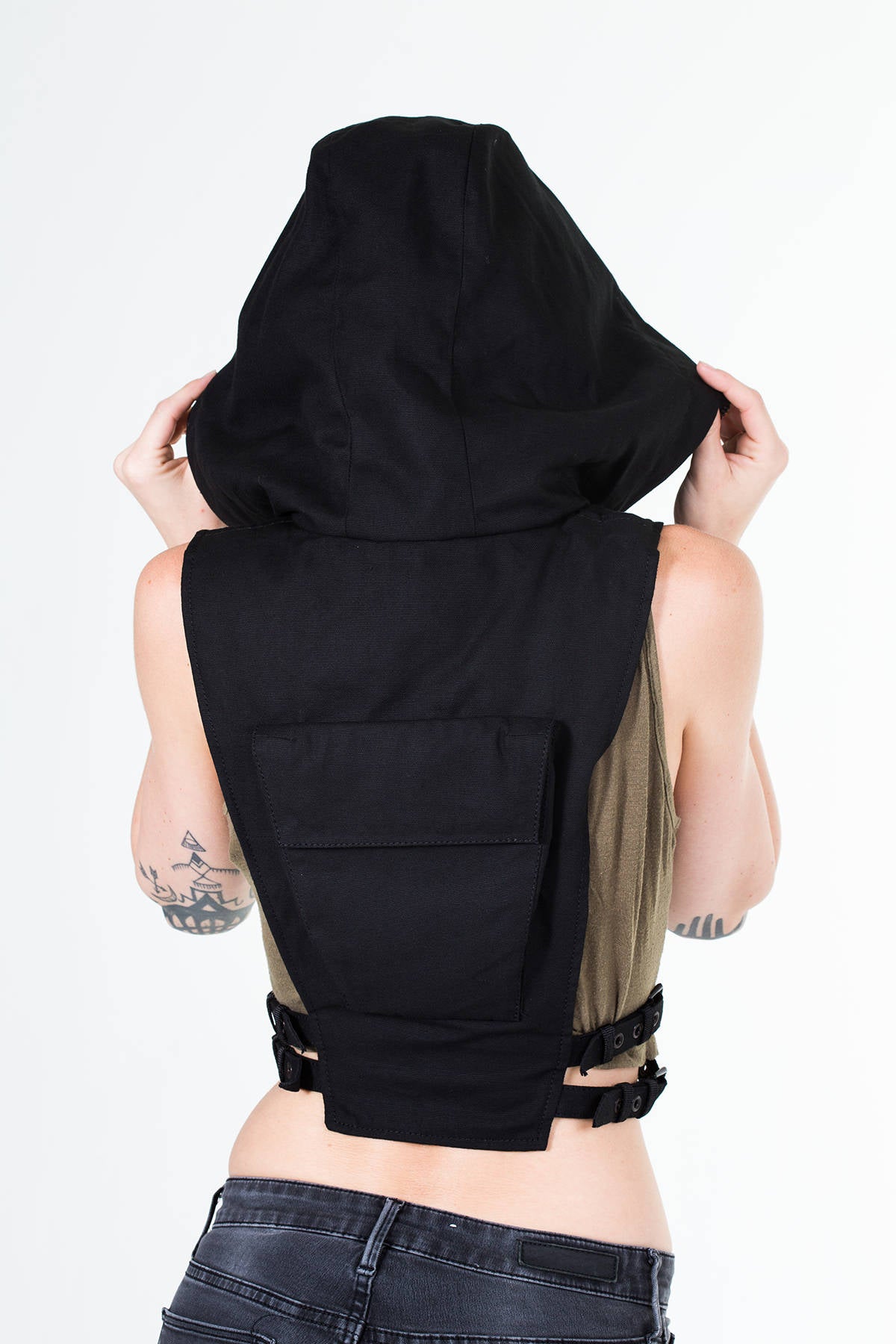 Ninja Kombat Hood Techwear Crop Top Vest  in Jet Black Canvas
