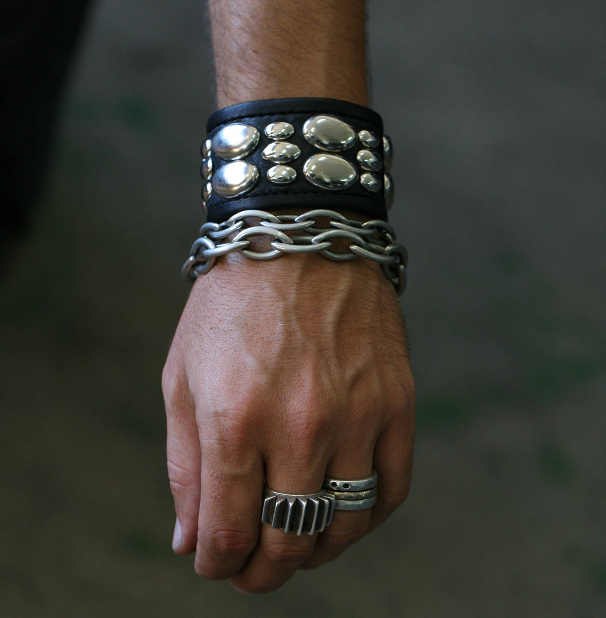PRIMITIVE ORBS Leather Studded Punk Cuff Metal Bracelet