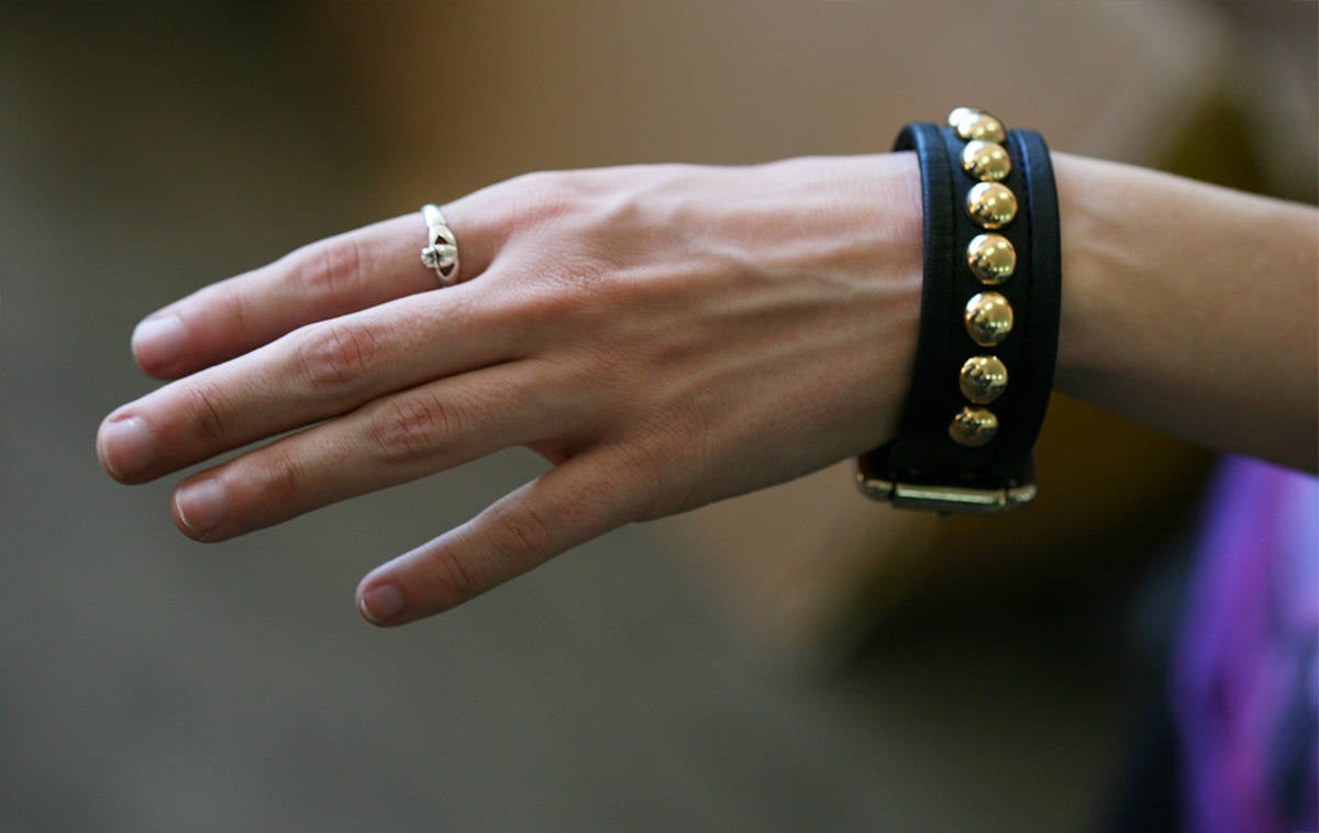 GOLDIE BACKSTAGE Black Punk Rock Leather Cuff Bracelet with Brass Studs