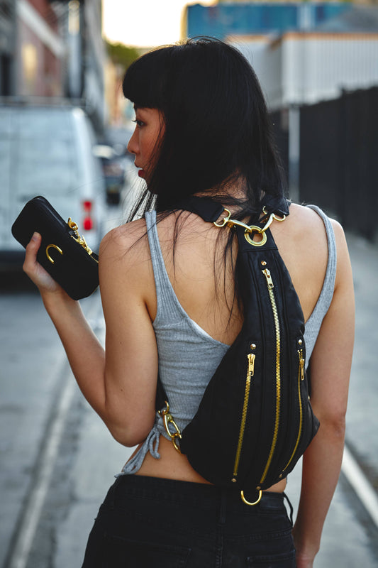 TRI ZIPPER Black Leather Hip Bag Backpack and Fanny Pack w/ Gold Hardware