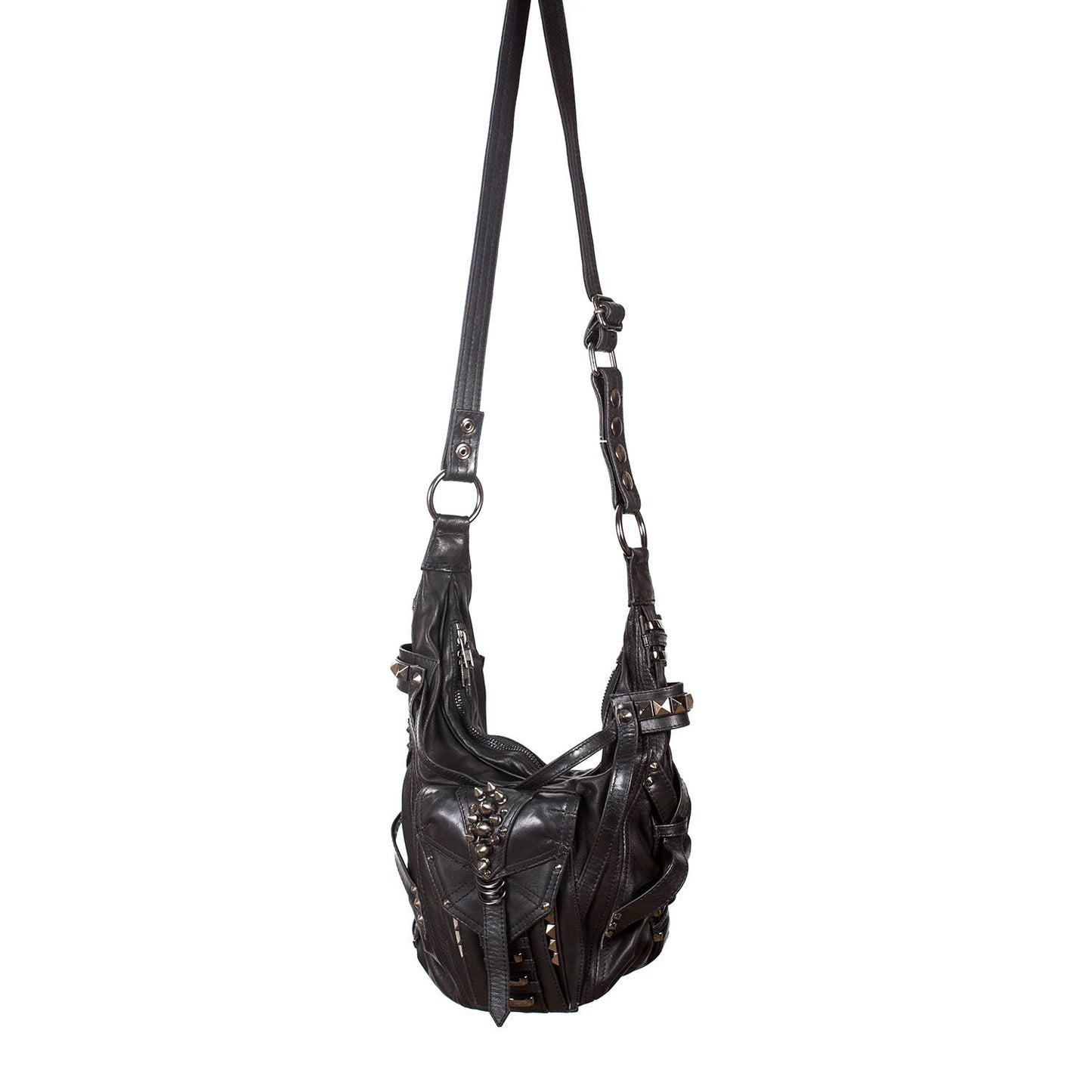 SHARK BITE Black Leather Convertible Bucket Hobo and Top Handle Bag