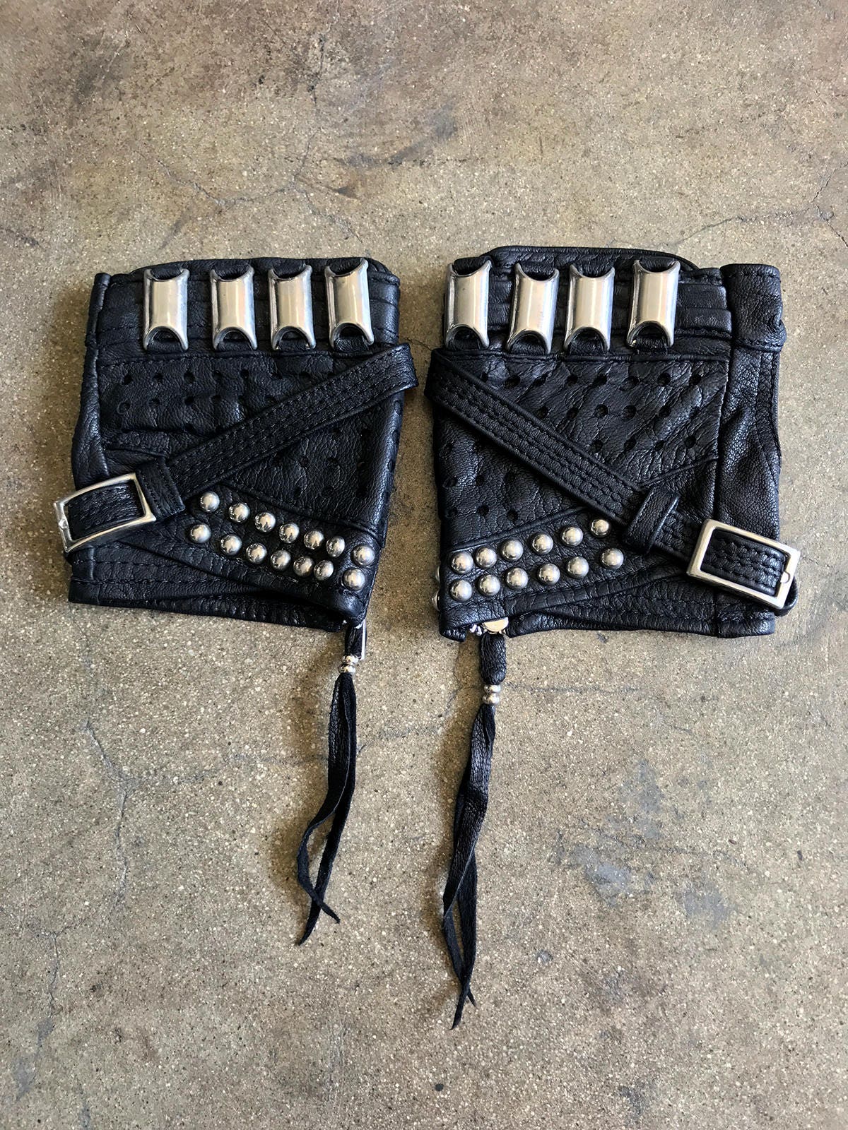 KNUCKLE DUSTER  Black Leather Fingerless Unisex Motorcycle Driving Gloves