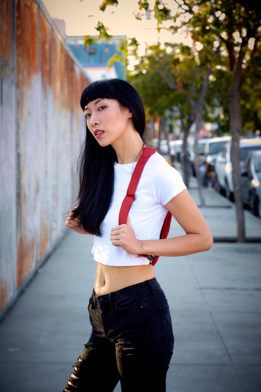 Tri Zipper Backpack Fanny Pack and Hip Bag in Red Leather w/ Pewter Hardware