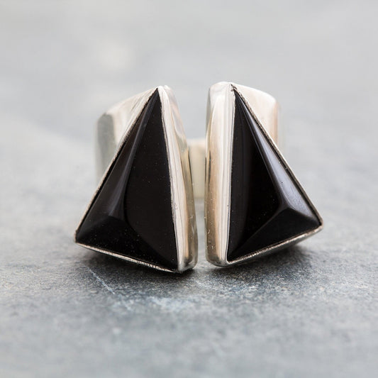 Black ONYX TETRAHEDRON Silver Ring