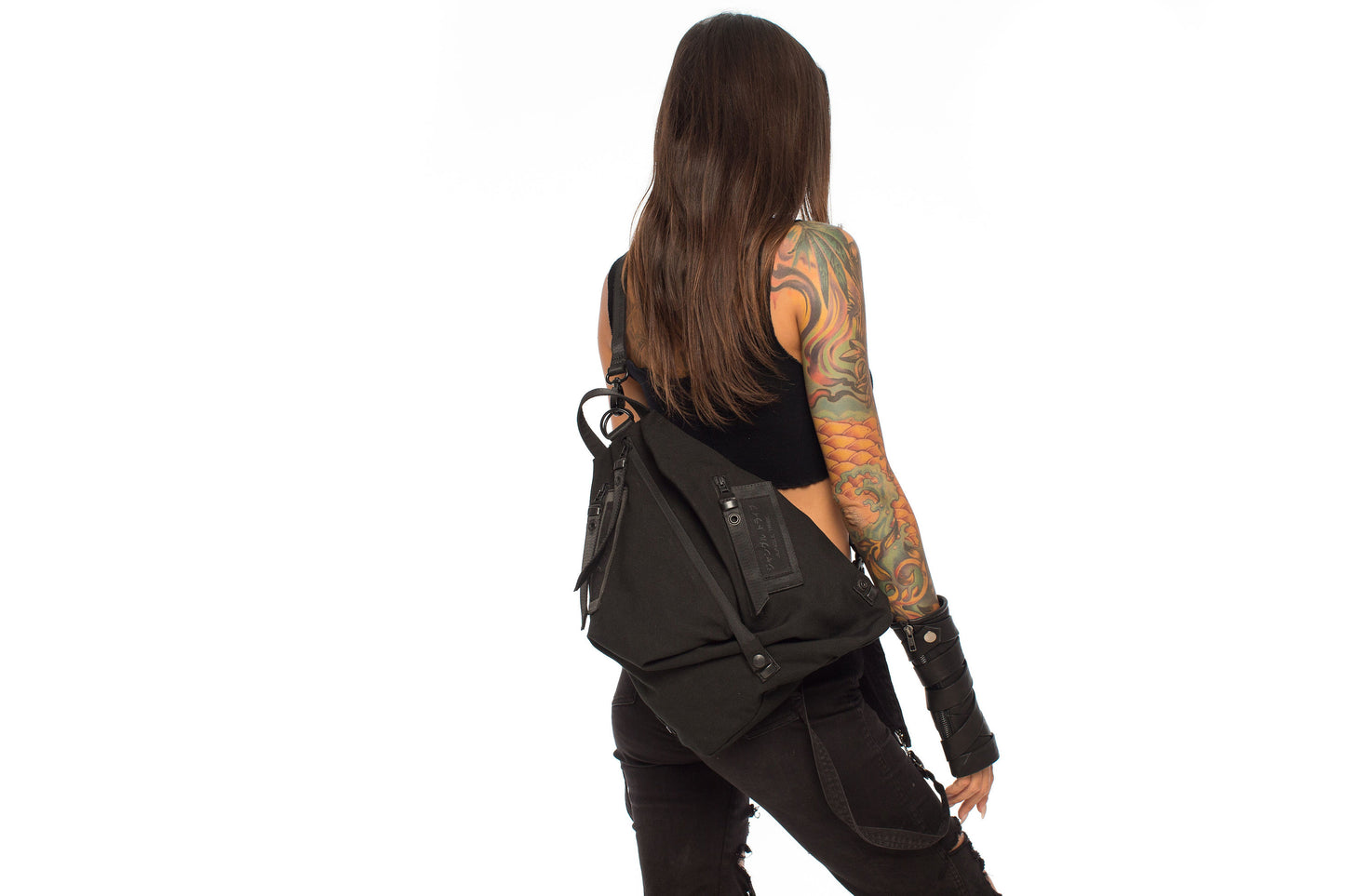 Black Canvas Teardrop Triangle Convertible Backpack