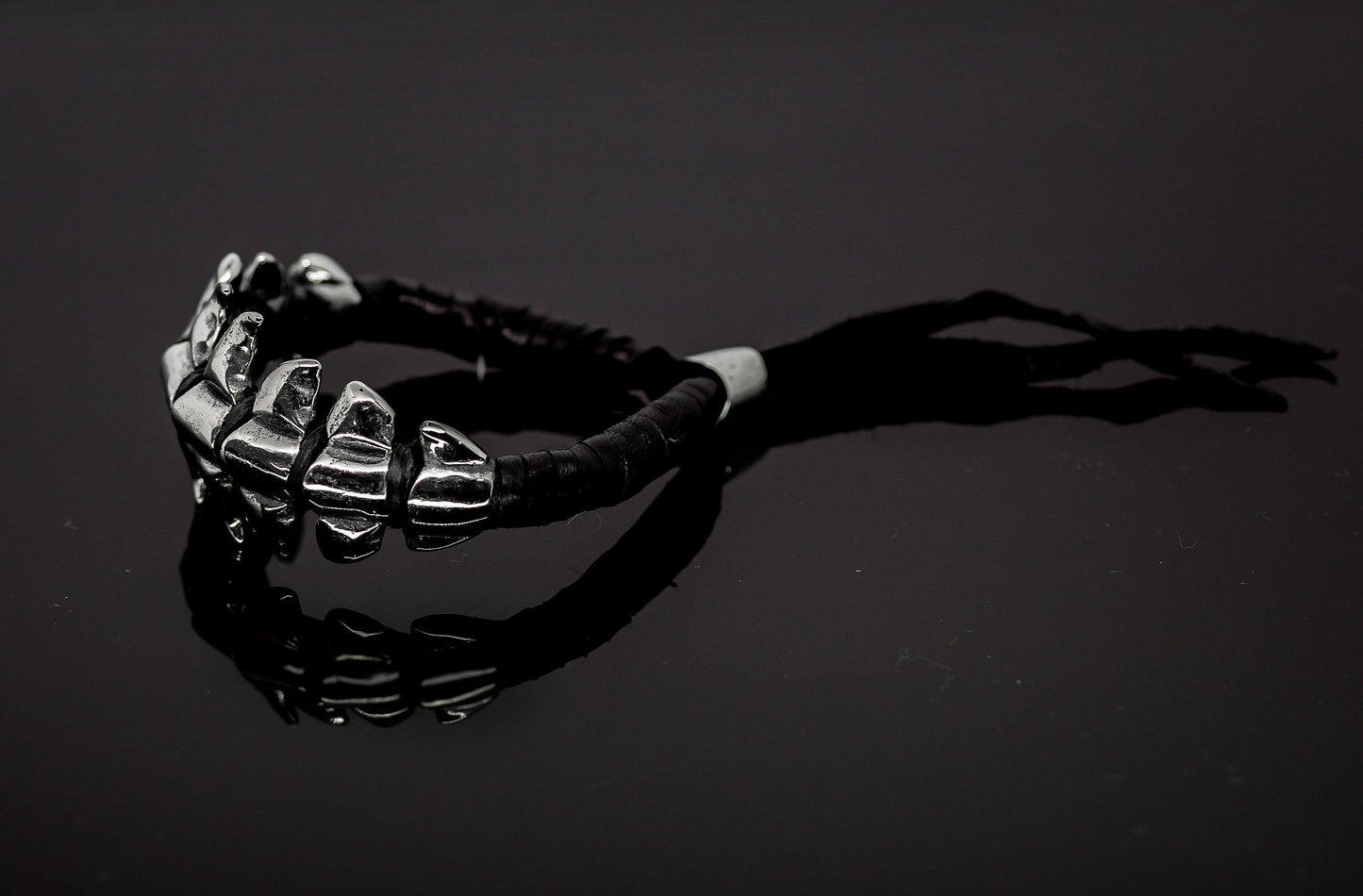 Alien Spine Silver and Black Leather Bracelet