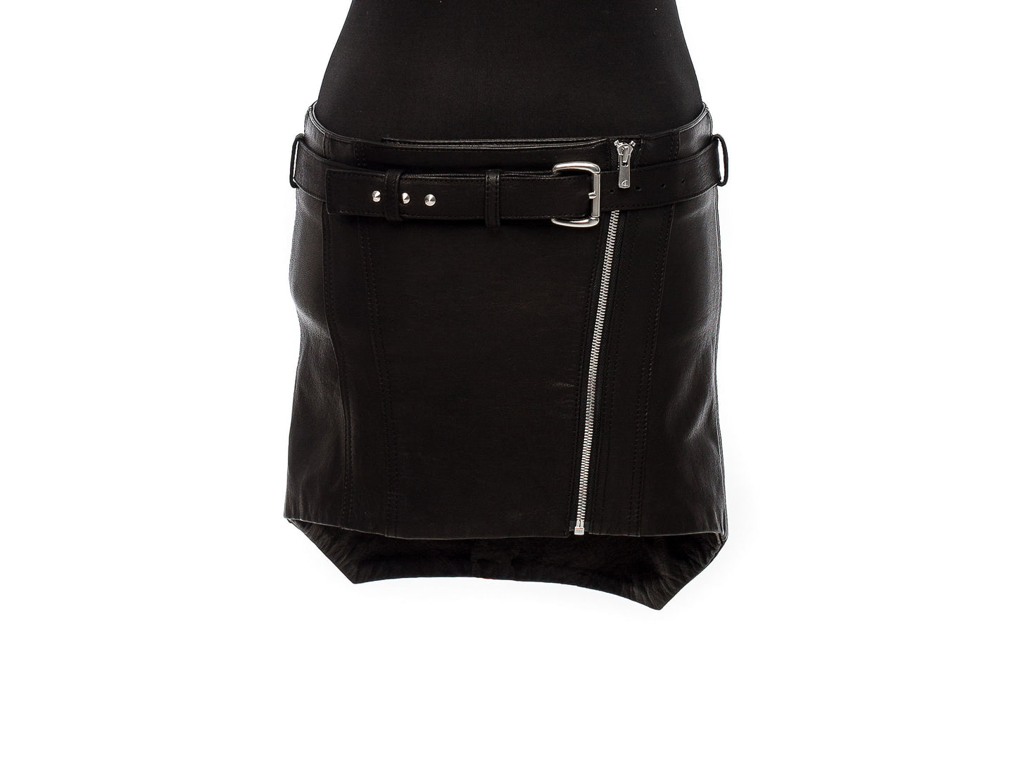 Silver Zipper Hi-Lo Black Leather Mini Skirt