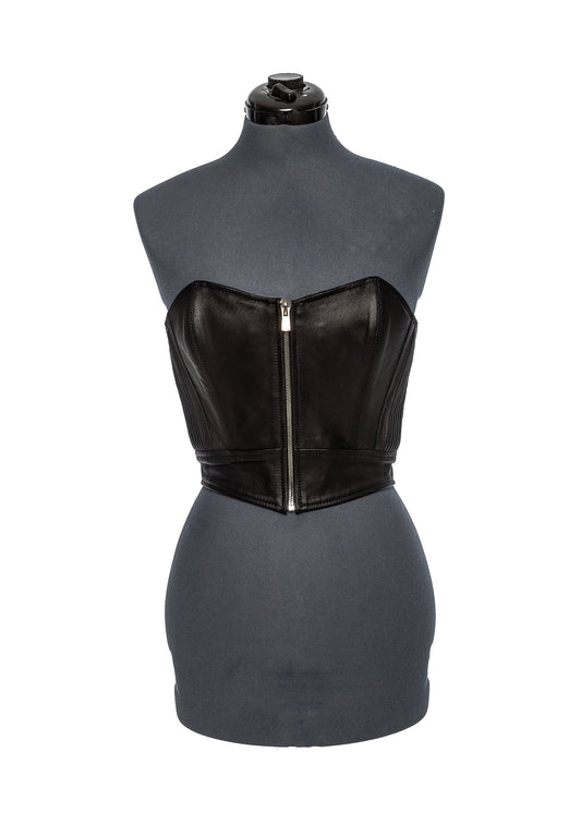 Nueromancer Black Leather Gold Zipper Bustier Midi Crop Top