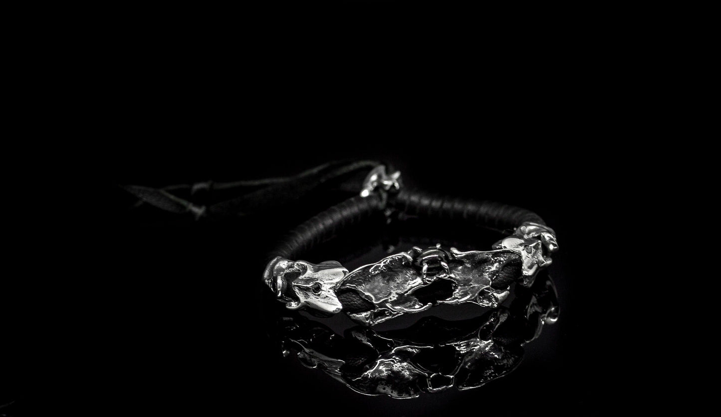 Blackest Black Sapphire with Silver Vertebrae & Black Diamonds on Leather Bracelet