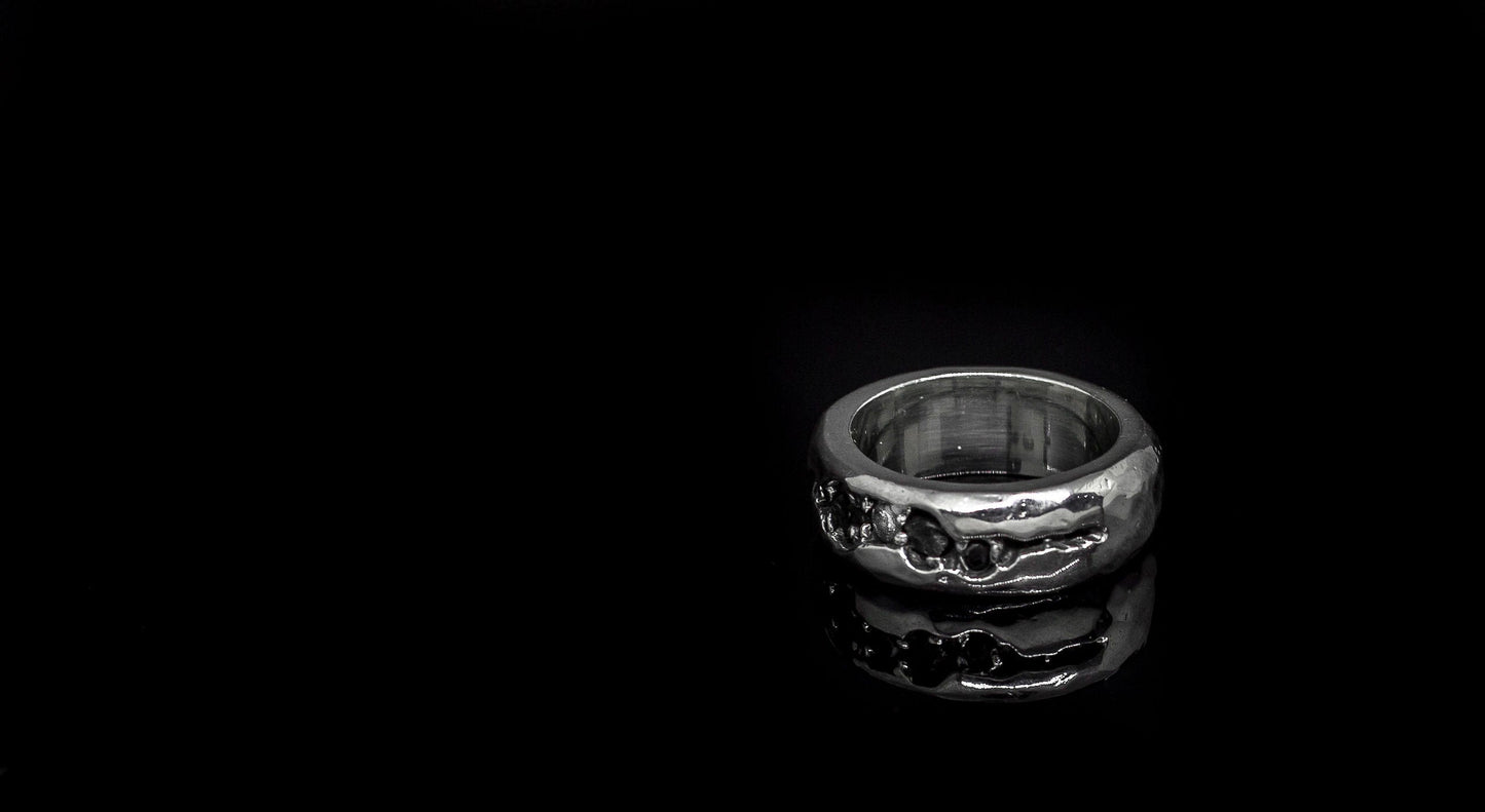 Cracked Earth Meteorite and Diamond Silver Band
