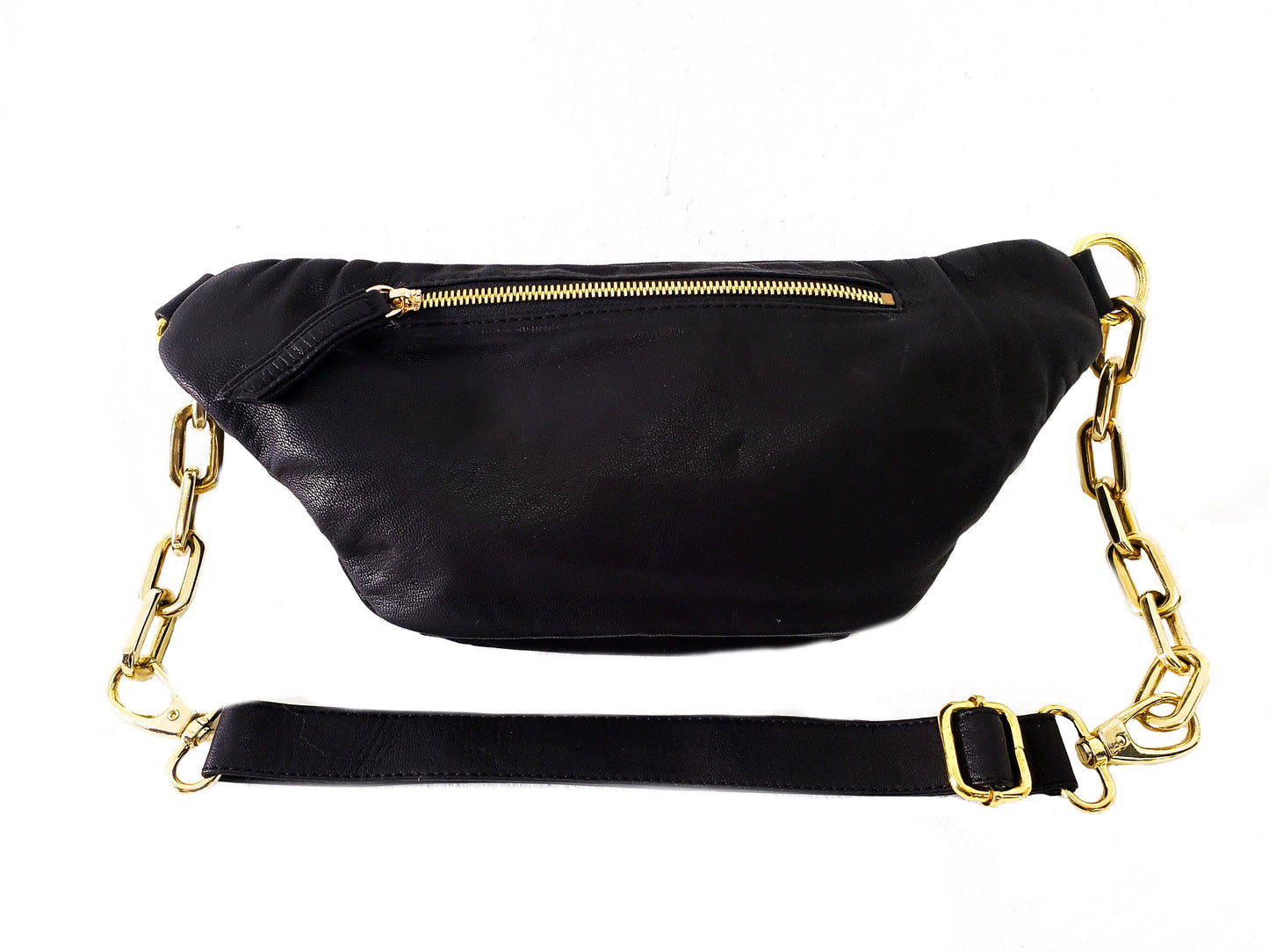 Black Leather Gold Chain Reaction Sling Bag