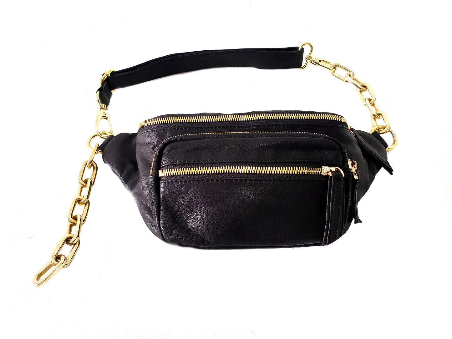 Black Leather Gold Chain Reaction Sling Bag