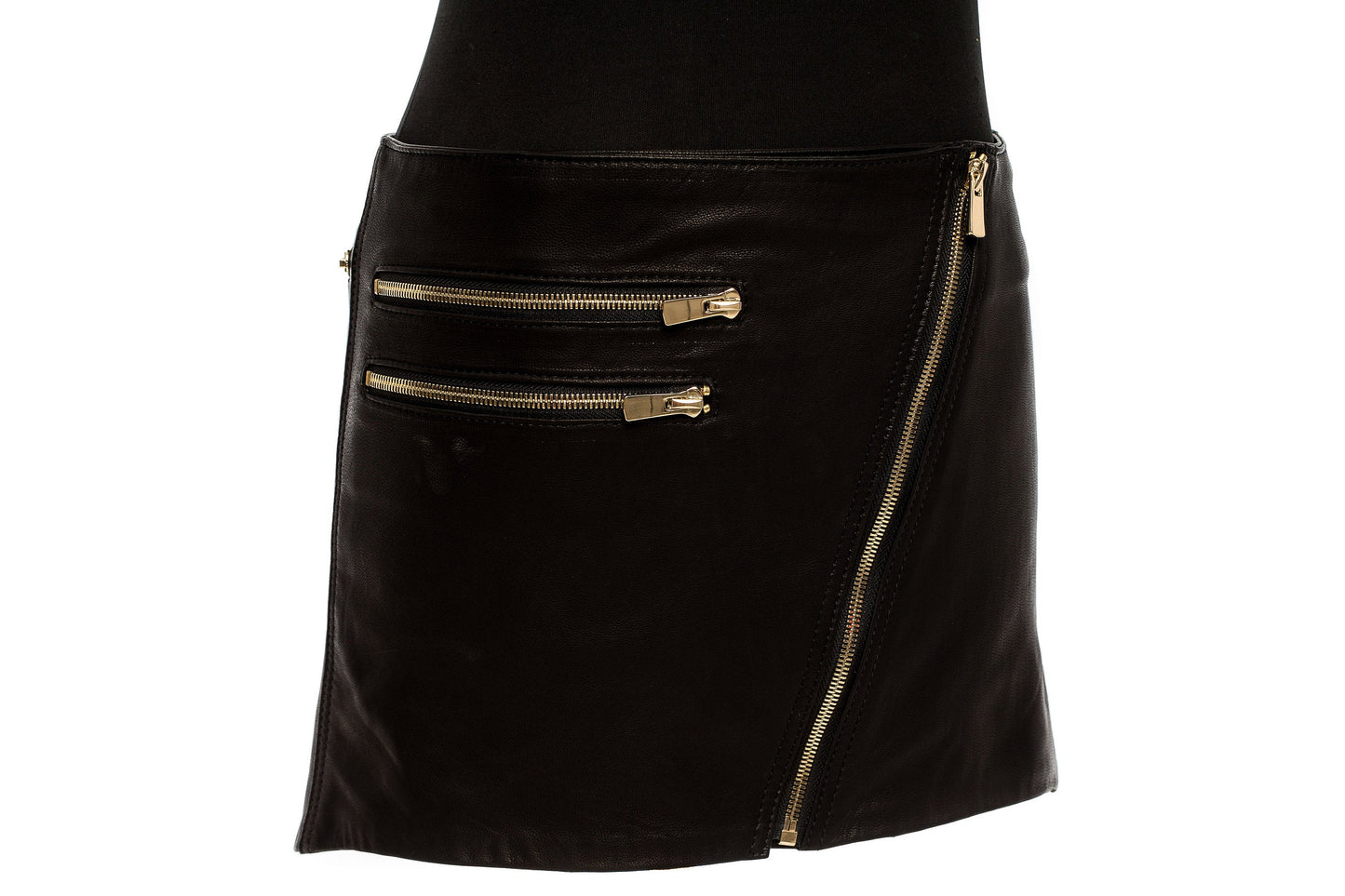 Double Trouble Gold Zippered Leather Moto Hi-Lo Mini Skirt