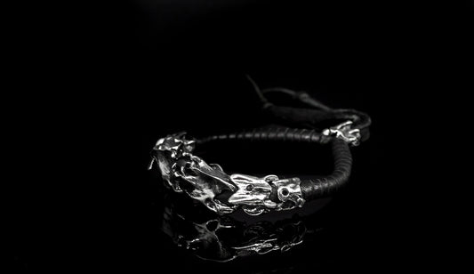 Blackest Black Sapphire with Silver Vertebrae & Black Diamonds on Leather Bracelet