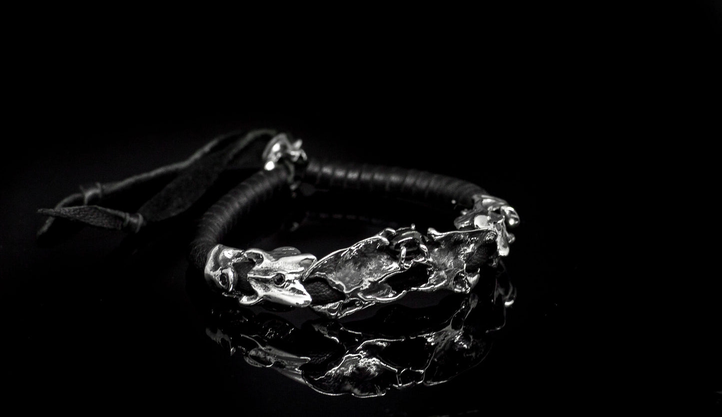 Blackest Black Sapphire with Silver Vertebrae & Black Diamonds on Leather Bracelet