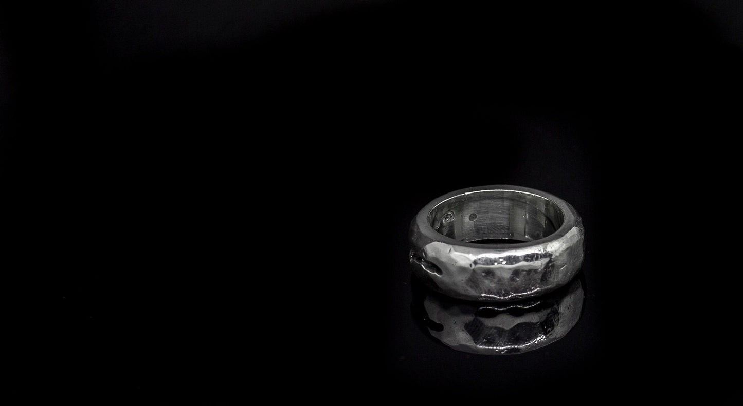 Cracked Earth Meteorite and Diamond Silver Band