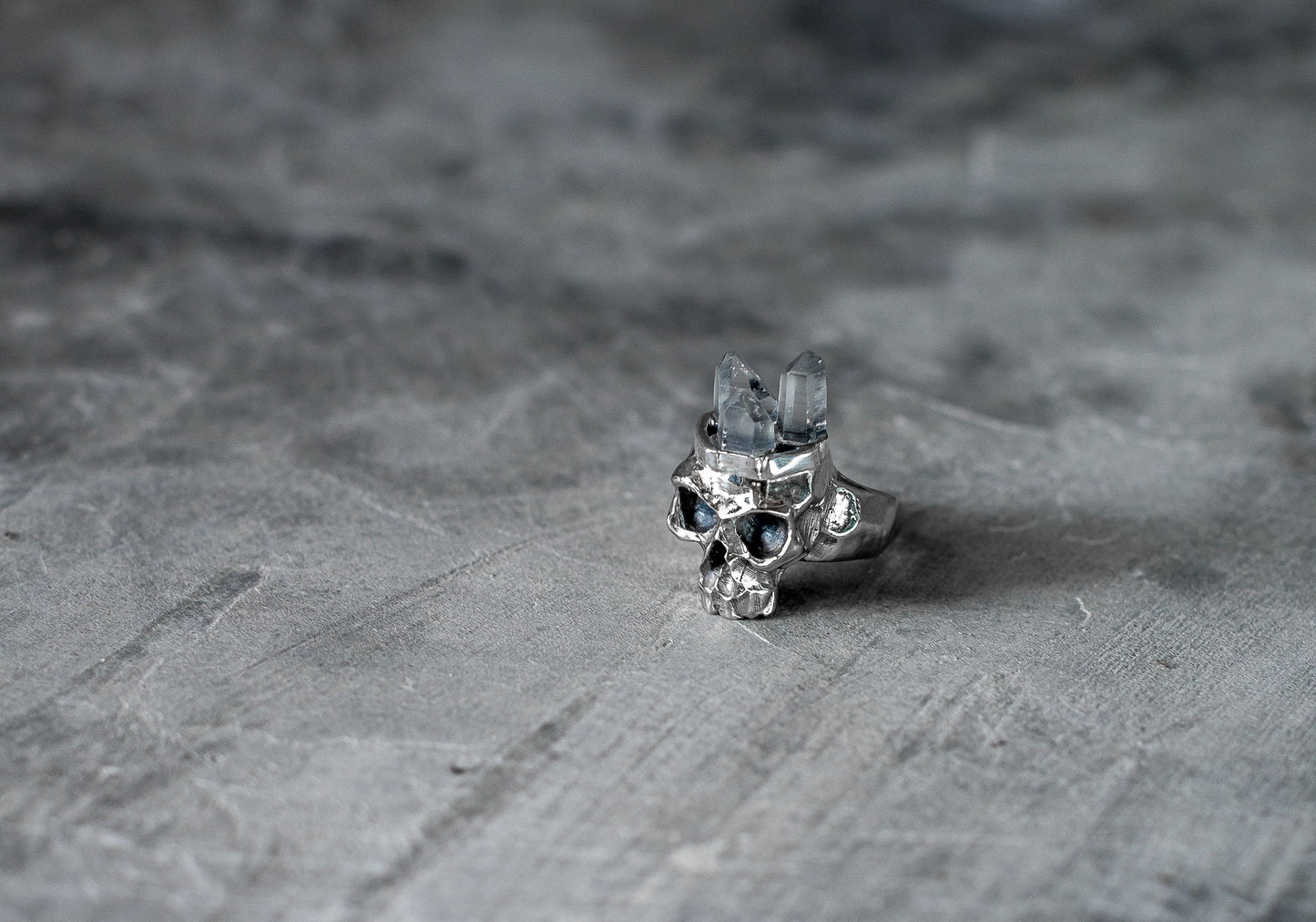 Crystal or Tourmaline Crowned Skull Ring in Solid Silver with Topaz Eyes