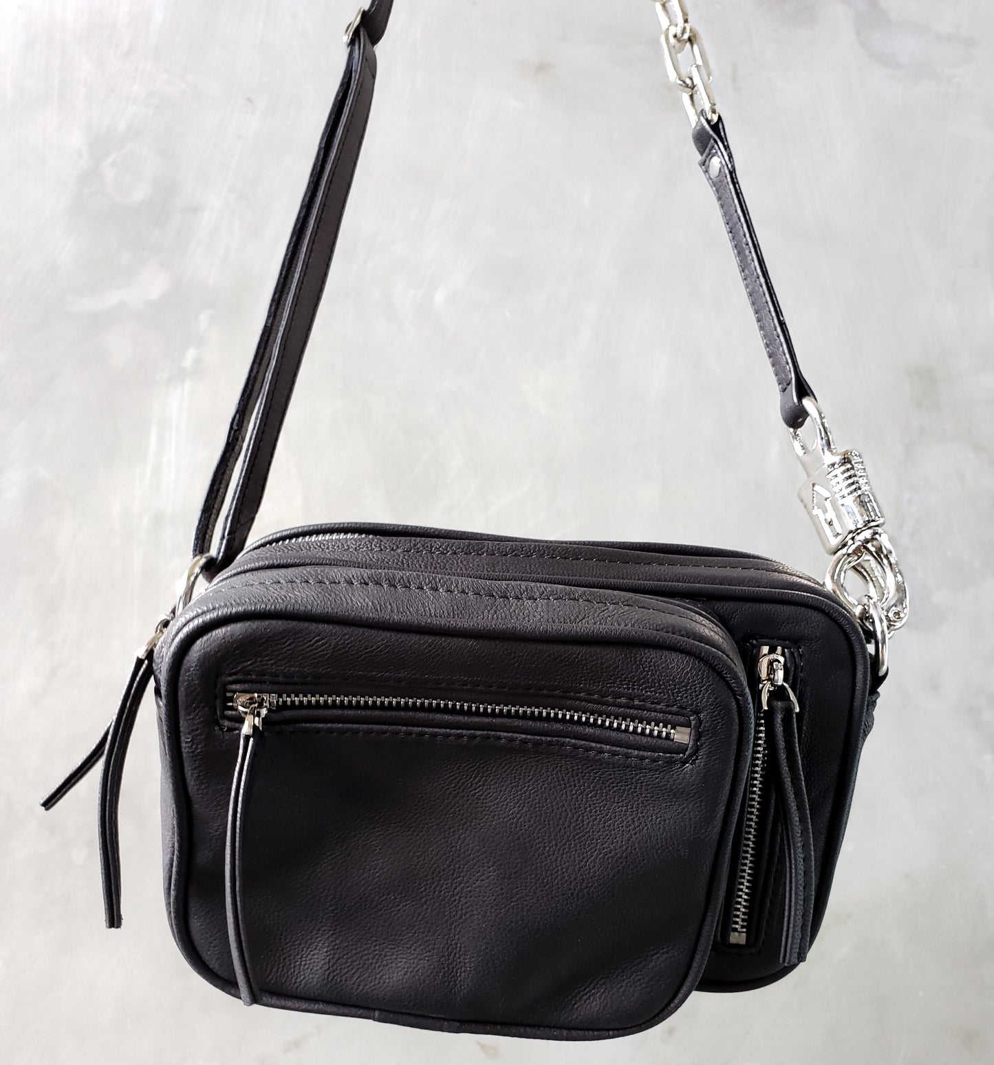 The Panic Bag - Convertible Black Leather Shoulder Bag w/ Heavy Duty Hardware and Chain