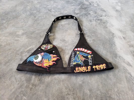 Video Drone Black Leather Halter Top Handpainted Bra