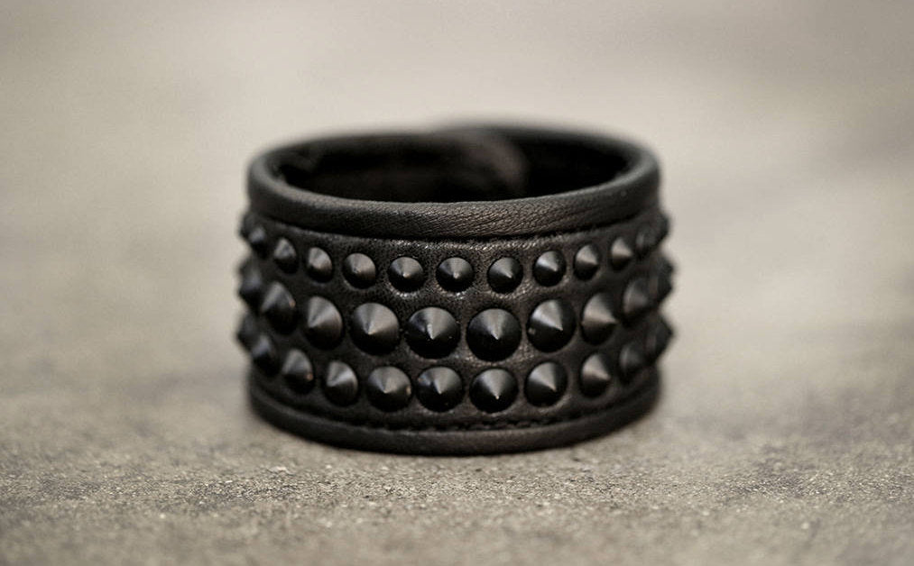BLACK on BLACK Leather Metal Studded Cuff Punk Bracelet