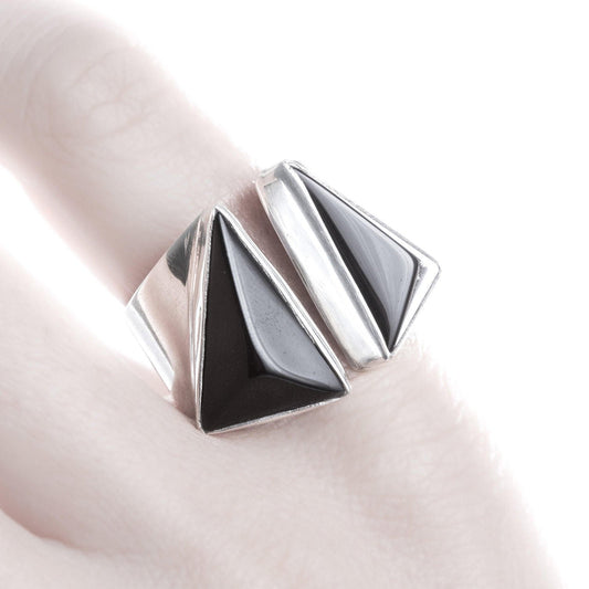 Black ONYX TETRAHEDRON Silver Ring