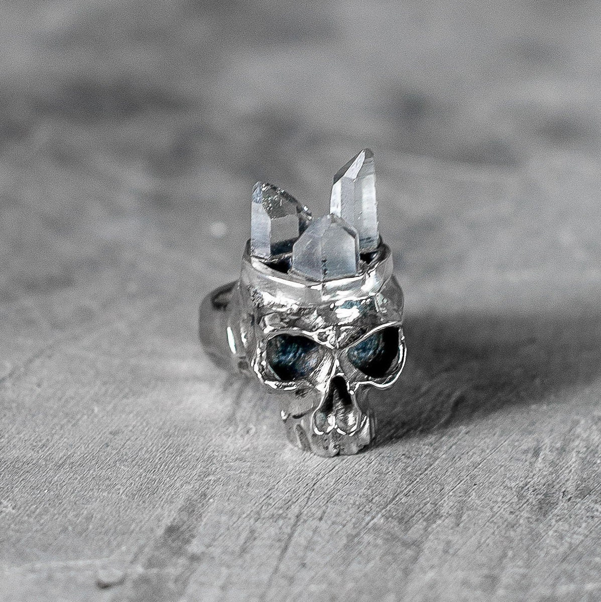 Crystal or Tourmaline Crowned Skull Ring in Solid Silver with Topaz Eyes