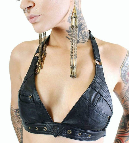 Billy Jean Leather Halter Top Bra with Skull Detailing and Secret Stash Pocket