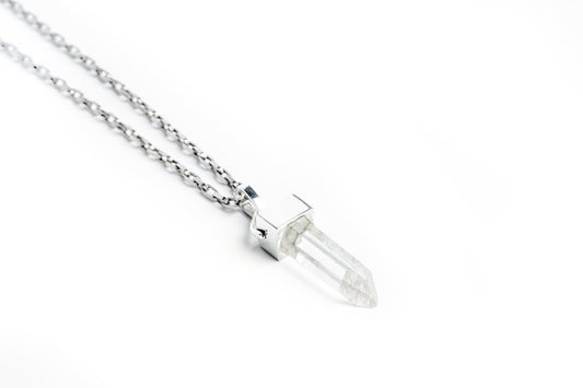 Clear Raw Quartz Point Long Sterling Silver Chain Necklace