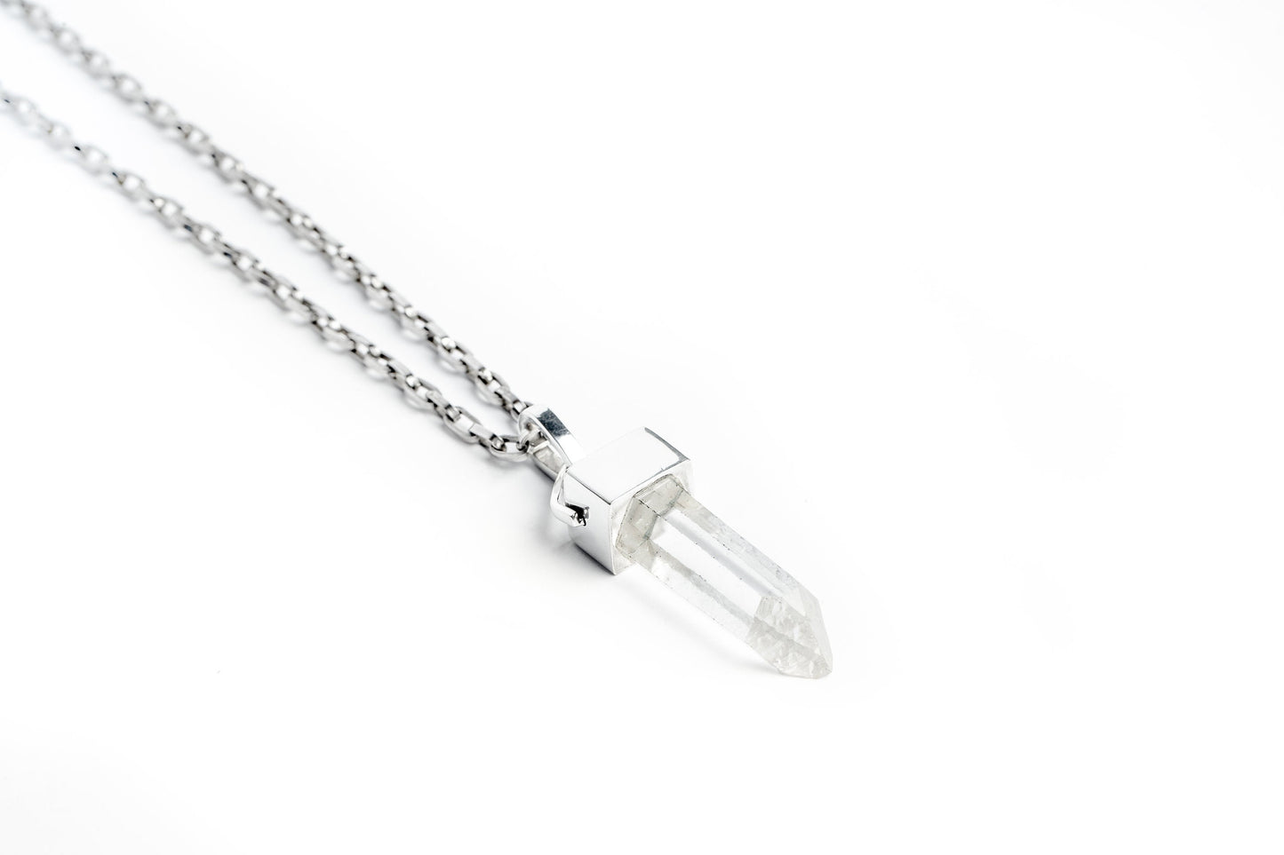 Clear Raw Quartz Point Long Sterling Silver Chain Necklace