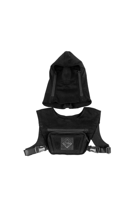 Ninja Sport Utility Chest Pack Vest With Phone Pocket and Facial Recognition Mask with Filter and Techwear Hood