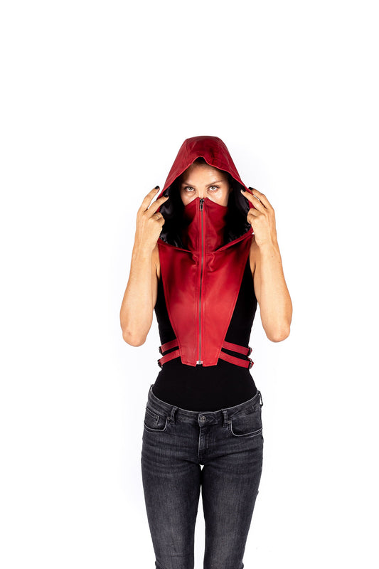 RED NINJA KOMBAT Tech Wear Hooded Crop Top Vest in soft Red Leather