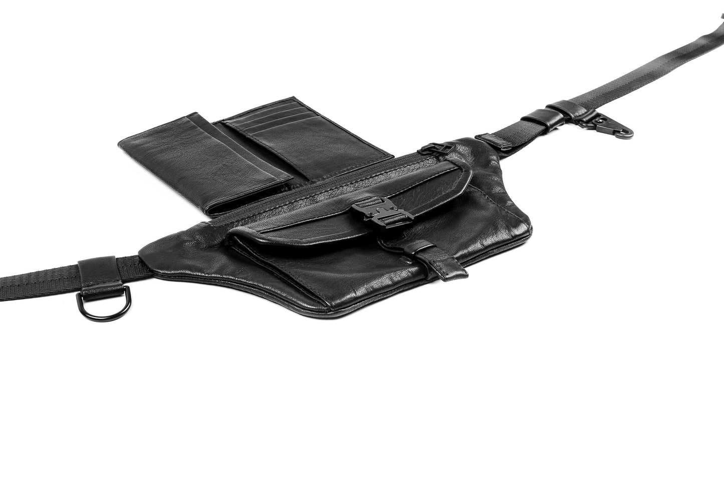 Minimal Edge Black Leather Tech Wear Waist Bag and Sling Bag Passport Holder