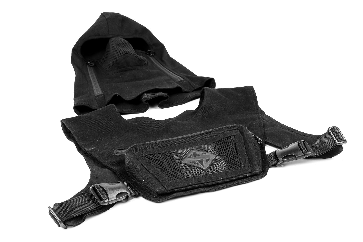 Ninja Sport Utility Chest Pack Vest With Phone Pocket and Facial Recognition Mask with Filter and Techwear Hood