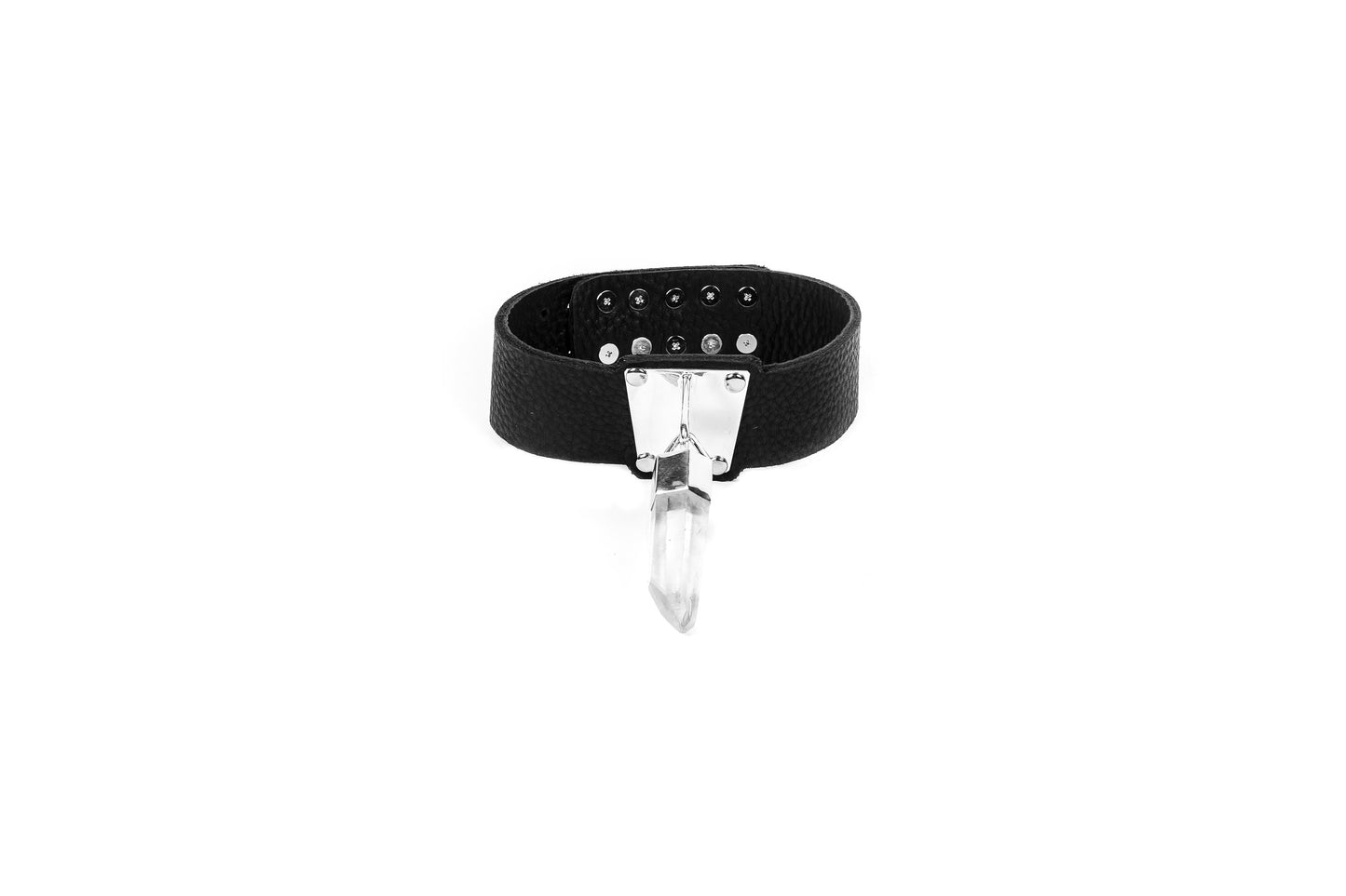 Black Leather Choker with Hanging Quartz Crystal and Silver