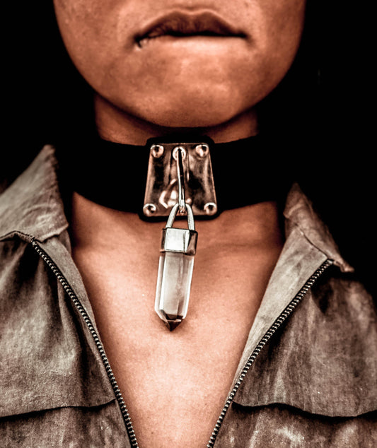 Black Leather Choker with Hanging Quartz Crystal and Silver