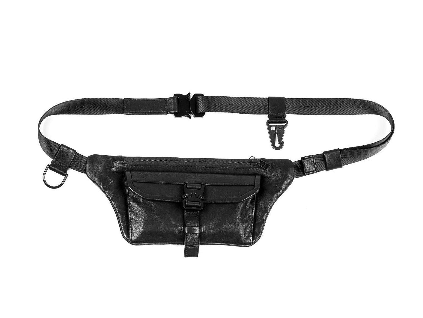 Minimal Edge Black Leather Tech Wear Waist Bag and Sling Bag Passport Holder