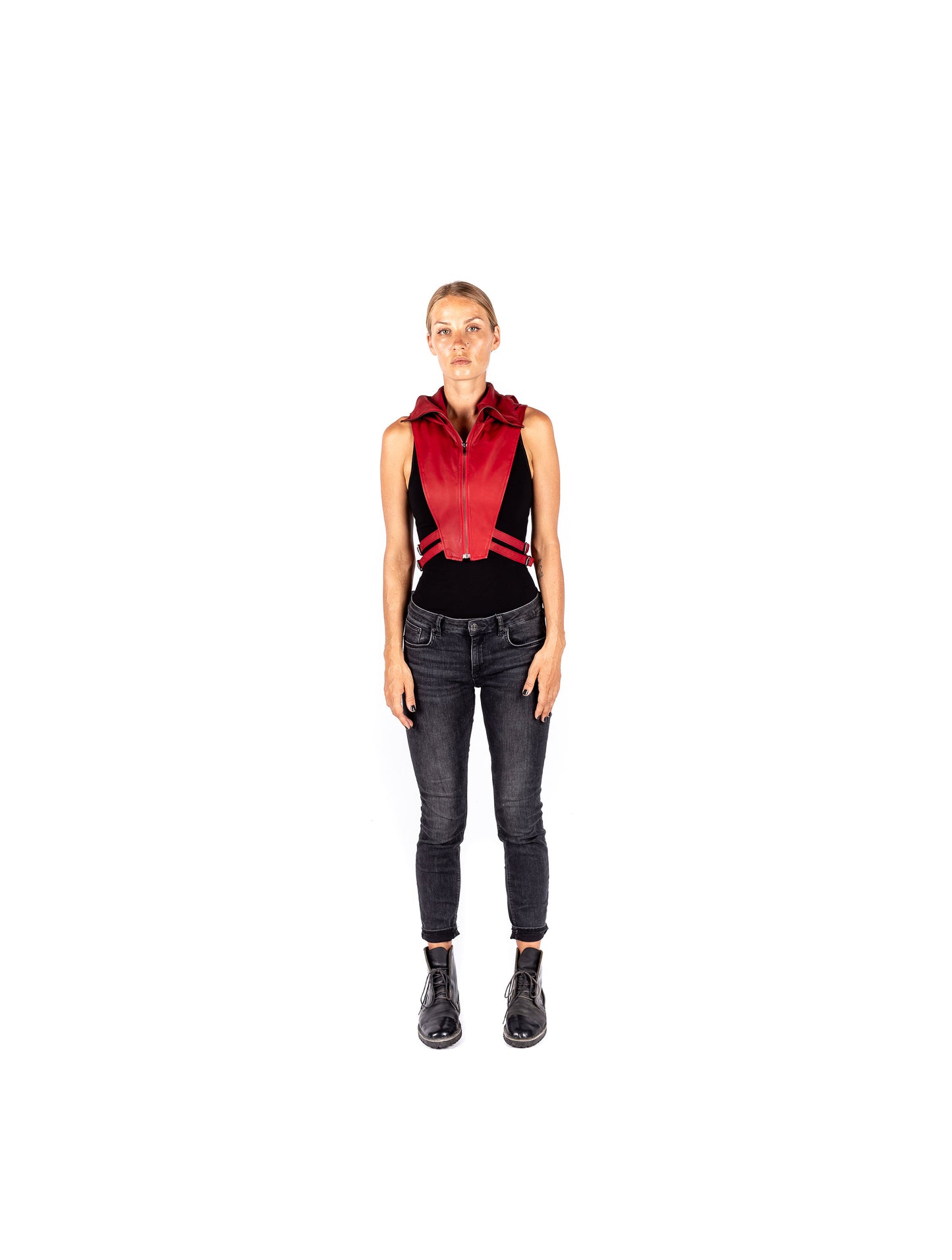 RED NINJA KOMBAT Tech Wear Hooded Crop Top Vest in soft Red Leather