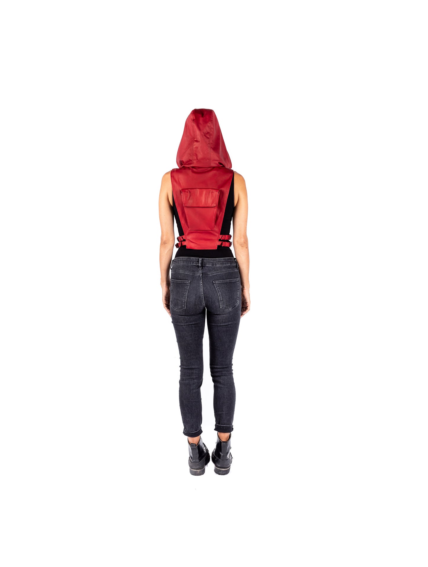 RED NINJA KOMBAT Tech Wear Hooded Crop Top Vest in soft Red Leather