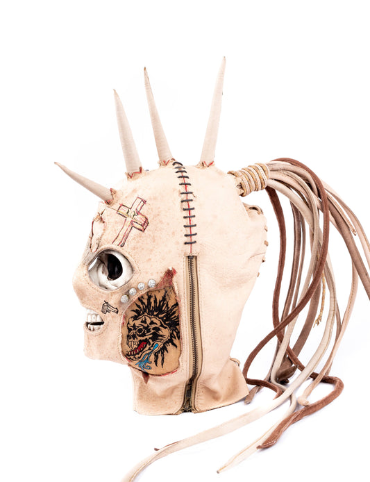 Scorched Unicorn Studded Punk Spike Face Tattoo Adult Leather Full Face Skin Color Bondage Gimp Mask With Mohawk Dread Hair for Halloween