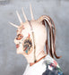 Scorched Unicorn Studded Punk Spike Face Tattoo Adult Leather Full Face Skin Color Bondage Gimp Mask With Mohawk Dread Hair for Halloween
