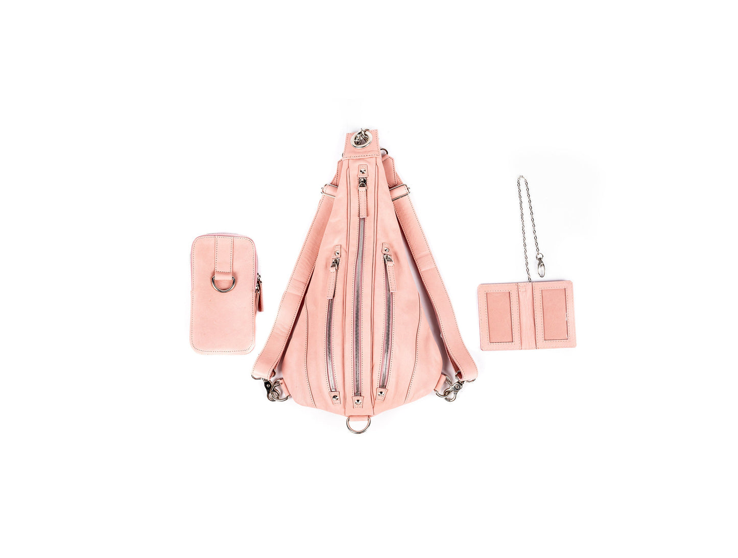 Dusty Rose Pink Tri Zipper BackPack Convertible Sling Bag Shoulder Bag w/ Silver Hardware