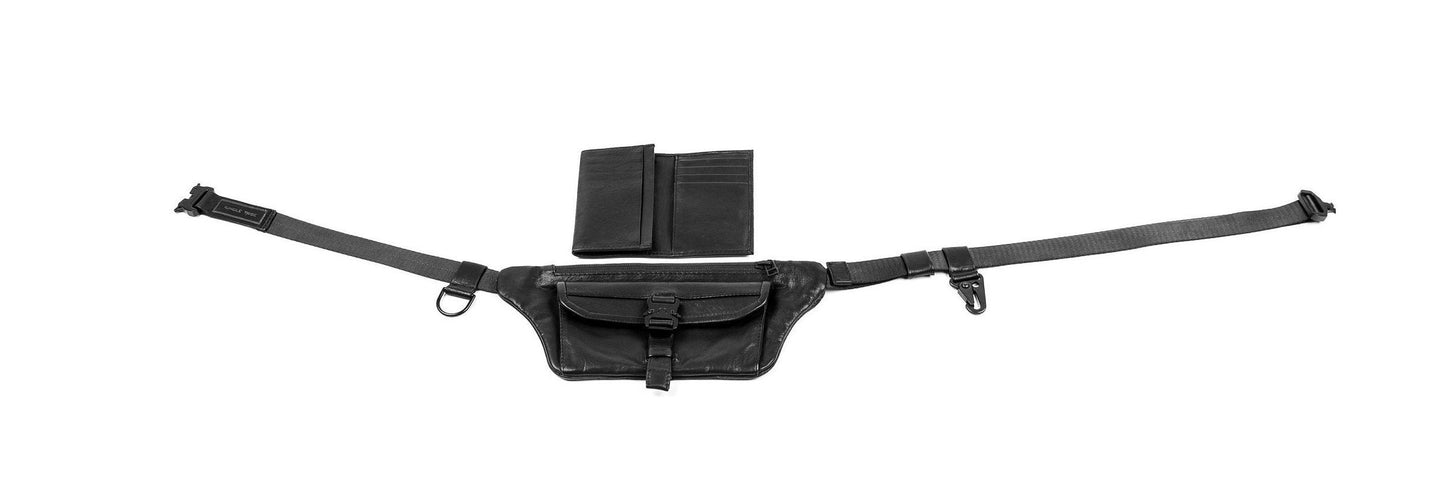 Minimal Edge Black Leather Tech Wear Waist Bag and Sling Bag Passport Holder