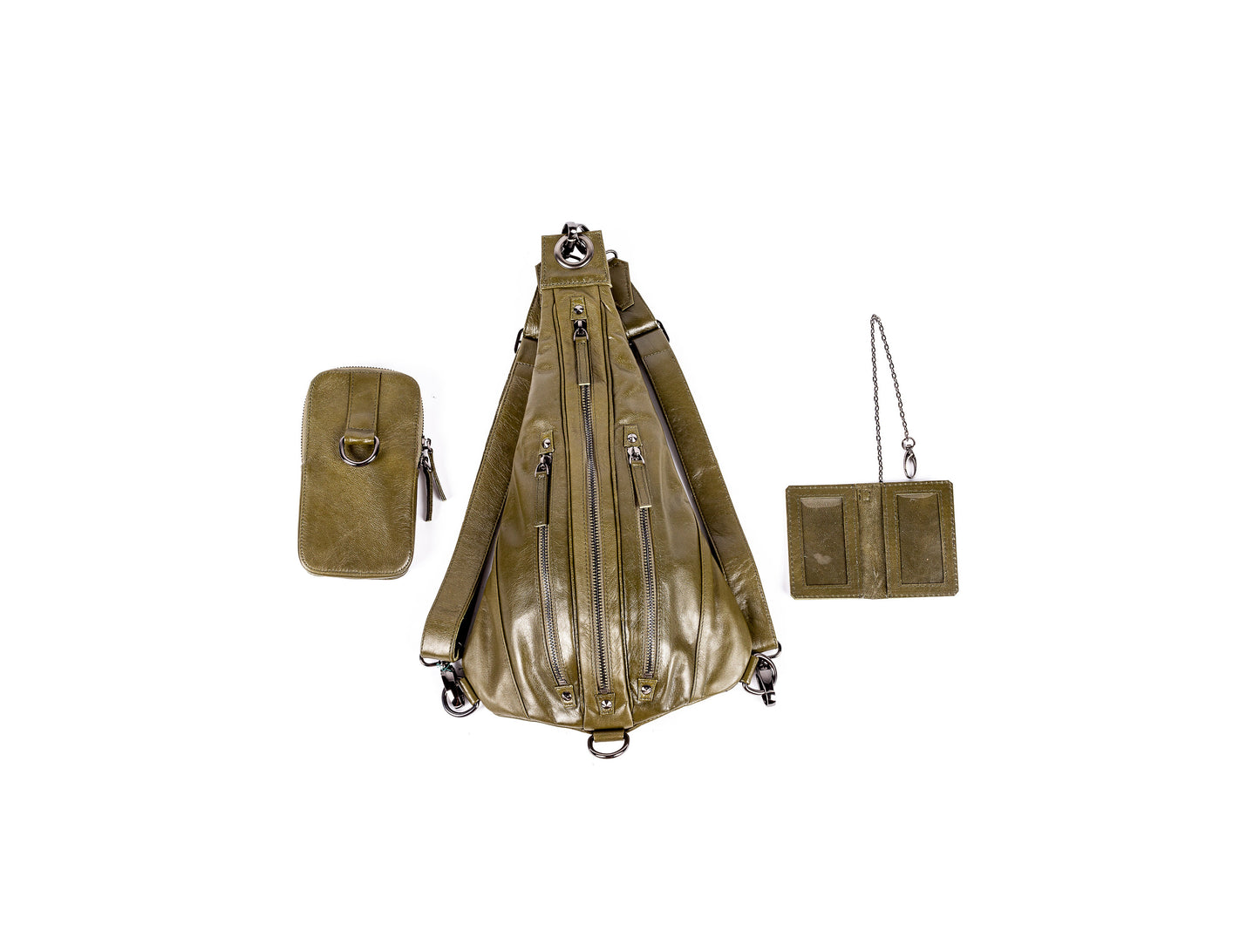 Army Olive Green Leather Tri Zipper Backpack and Sling Bag